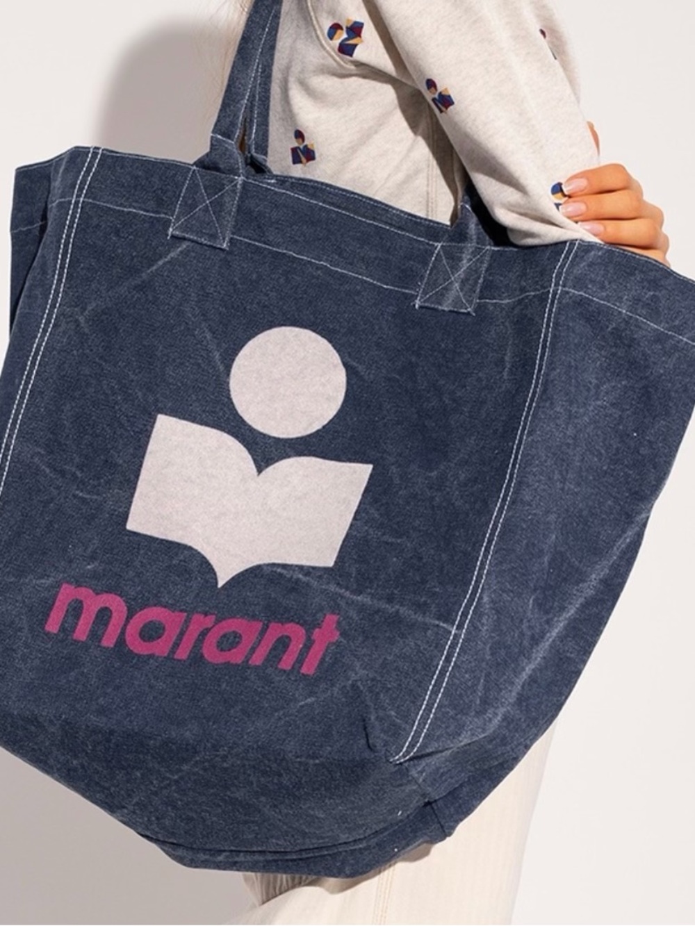 Isabel Marant Iconic Denim Tote with Pink Logo Accent